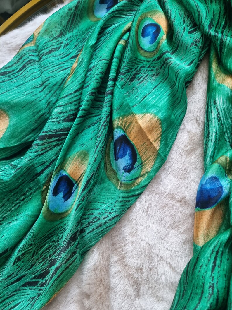 SALE Pure 100% Silk Emerald Green Peacock Feather and Satin Van Gogh Teal Almond Blossom Scarf Elegant Designer Gift for Her zdjęcie 3