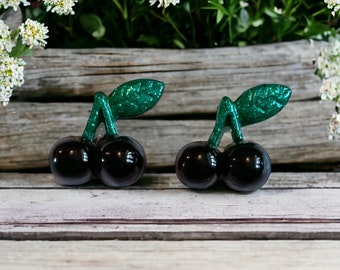 Handmade Cherry glitter resin earrings - resin stud earrings - glitter stud earrings - large black single leaf cherry earrings