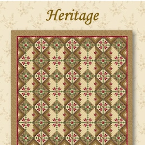 May include: A quilt with a geometric pattern in shades of beige, brown, red, and green. The quilt features a repeating diamond design with star-like floral motifs. The word "Heritage" is at the top, and "Sew'n Wild Oaks" is at the bottom.