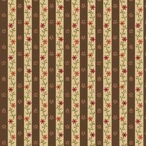 May include: A fabric pattern featuring alternating vertical stripes of solid dark brown and light beige. The beige stripes are decorated with a repeating vertical vine motif in green with small red flowers, while the brown stripes feature small, repeating star-like shapes in a lighter brown tone.
