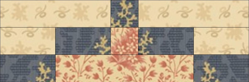 Op de afbeelding: Een quiltblok met een patchwork-ontwerp met verschillende bloemenpatronen in tinten blauw, rood en cr&egrave;me.