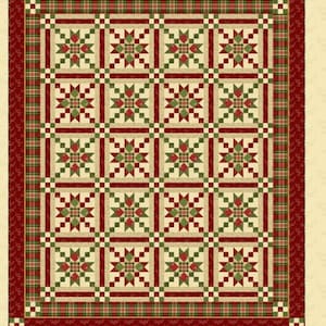 May include: A patchwork quilt with a country theme. The quilt features a repeating pattern of red, green, and cream-colored starbursts and squares, framed by a red and green plaid border. The text "COUNTRY CHARMER" is at the top.