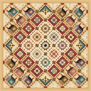 Op de afbeelding: Een quilt met een geometrisch patroon met verschillende kleuren, waaronder rood, bruin, beige, blauw en zwart. De quilt is gemaakt van vierkanten en ruiten, en het midden van de quilt heeft een stervormig ontwerp.