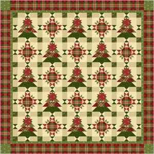 May include: A Christmas-themed quilt featuring a repeating pattern of green Christmas trees with red plaid accents and star-shaped designs. The quilt has a cream-colored background with a plaid border in red, green, and cream.
