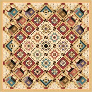 Può includere: Una colorata trapunta patchwork con un motivo ripetuto di case, stelle e forme geometriche. La trapunta presenta uno sfondo color crema con accenti rossi, blu, marroni e viola. La trapunta è di forma quadrata.