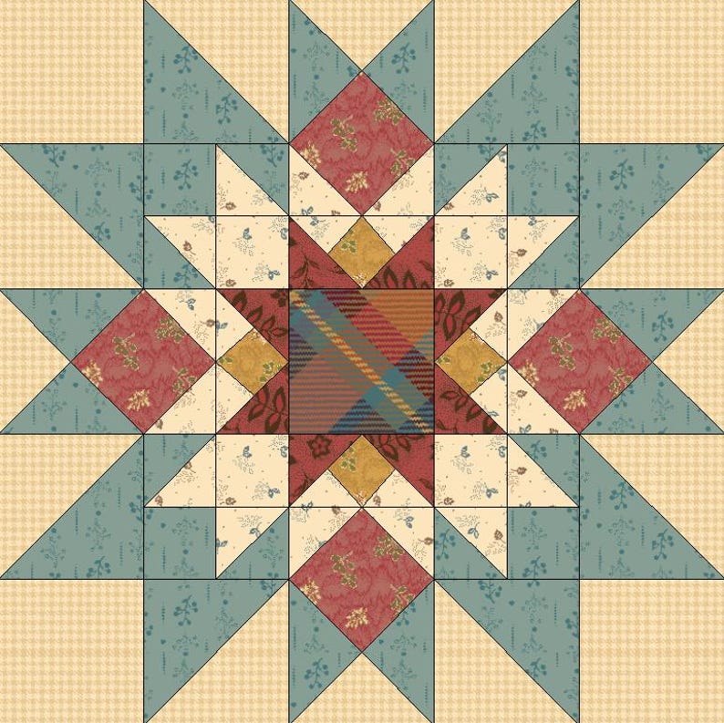 Puede incluir: Un bloque de colcha con un dise&ntilde;o de estrella en tonos de azul, rojo y amarillo. El centro del bloque presenta una tela a cuadros.