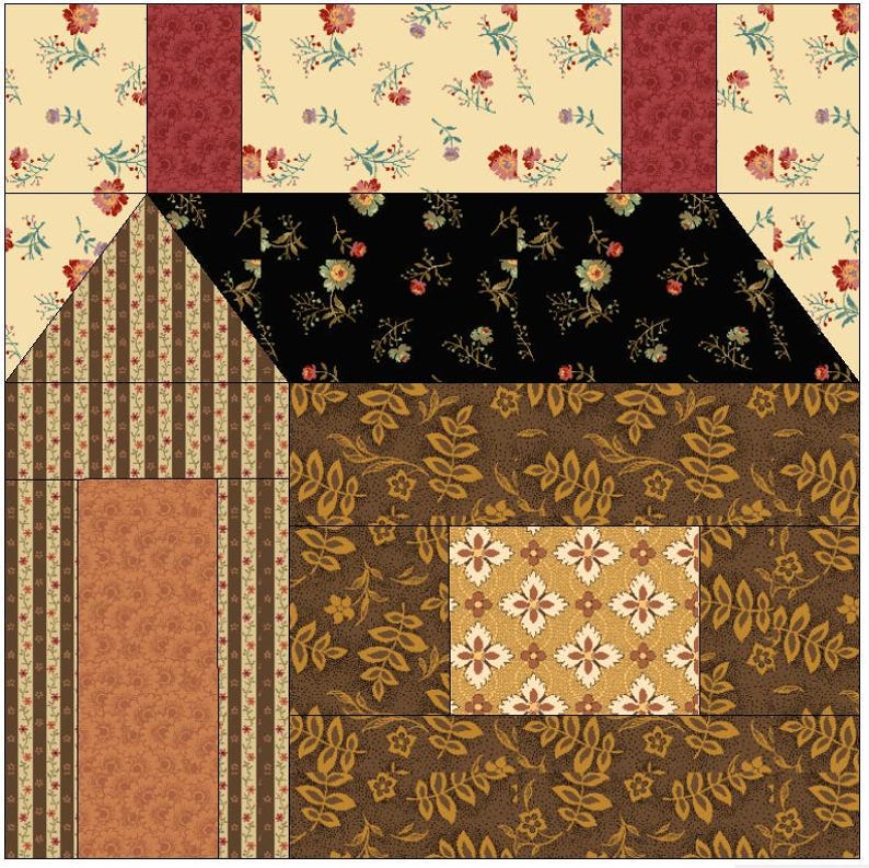 Puede incluir: Un bloque de colcha con una casa marr&oacute;n y beige con un techo negro y una peque&ntilde;a ventana. La casa est&aacute; rodeada de un patr&oacute;n floral en tonos marrones, beige y crema.
