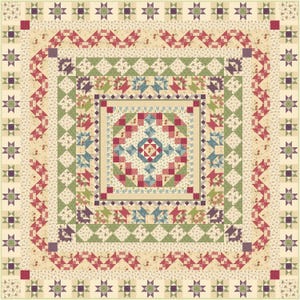 May include: A square quilt with a cream background and a complex patchwork design. The quilt features a central medallion with red, blue, and green geometric patterns, surrounded by multiple borders of varying patterns and colors, including stars and floral prints.