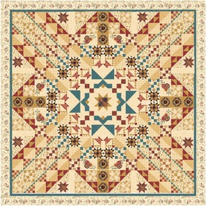 May include: A square quilt with a complex geometric pattern in shades of cream, tan, red, and teal. The design features stars, triangles, and floral accents. The border has a floral pattern with a teal trim.