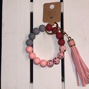 Chic Beaded Wristlet Keychain with Elegant Tassel / multi-color / cheetah print / leopard print / wood bead / lt blue black pink wine white