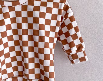 Brown checkered boys and girls long sleeve dolman