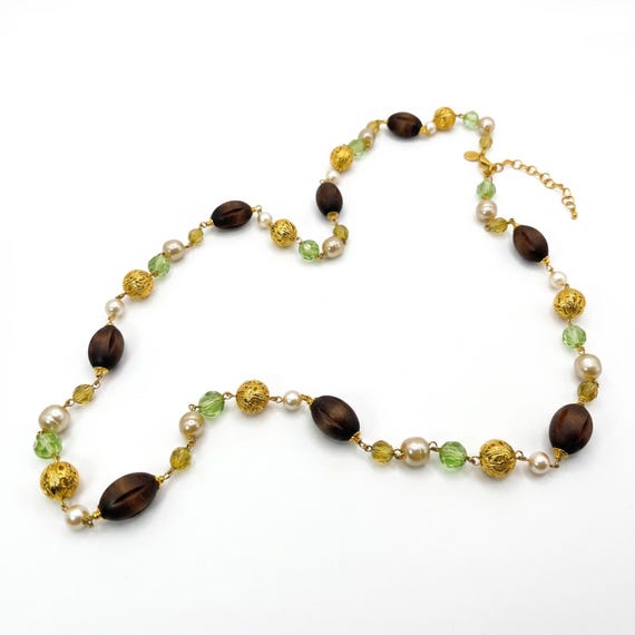 Joan Rivers NOS Vintage Long Necklace Faux Pearl Wood Bead Gold Tone Signed View 3