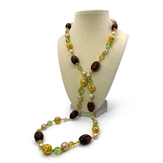 Joan Rivers NOS Vintage Long Necklace Faux Pearl Wood Bead Gold Tone Signed View 2