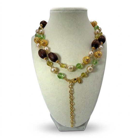 Joan Rivers NOS Vintage Long Necklace Faux Pearl Wood Bead Gold Tone Signed View 4