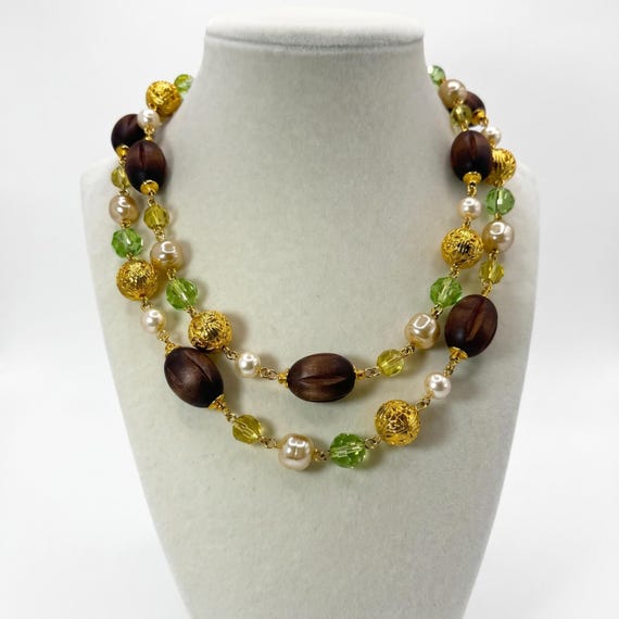 Joan Rivers NOS Vintage Long Necklace Faux Pearl Wood Bead Gold Tone Signed