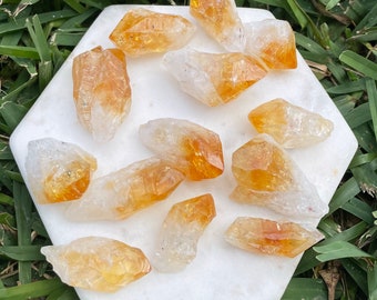 May include: A collection of eleven raw citrine crystal points arranged on a white hexagonal stone slab. Each crystal features a translucent, pale yellow to deep orange gradient with natural facets, sharp terminations, and a rough, unpolished texture.