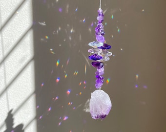 Natural Raw Amethyst Crystal Sun Catcher | Rainbow Maker | Groovy Home Decor | Hanging Crystal | Boho Home | Purple Rainbow Sun Catcher