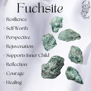 Op de afbeelding: Groene fuchsietkristallen, bekend om hun helende eigenschappen, op een witte achtergrond. De tekst "Fuchsite" staat bovenaan de afbeelding, en eronder staat een lijst met de eigenschappen van de kristal: Veerkracht, Zelfvertrouwen, Perspectief, Verjonging, Ondersteunt het innerlijke kind, Reflectie, Moed, Genezing.