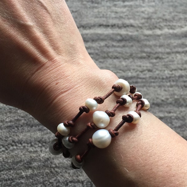 Leather and Pearl Knotted Wrap Bracelet