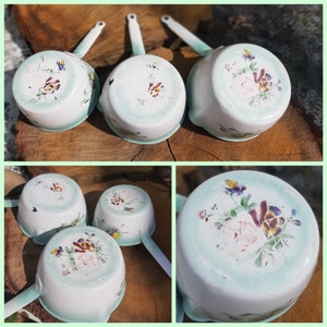 antique pansies and roses enamel saucepan set ENAMEL French metal kitchen FLOWERS, Enamelled sheet, Enamelware Japy Vintage 1920's