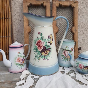 Blue enamelled sheet metal water jug Japy decorated with roses and pansies antique pink enamelled water pitcher