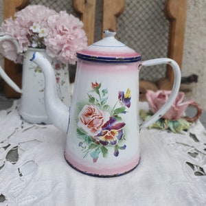 pink enamel coffee pot decor with roses and pansies vintage French metal kitchen JAPY coffee maker 1900s