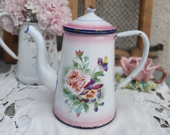 pink enamel coffee pot decor with roses and pansies vintage French metal kitchen JAPY coffee maker 1900s