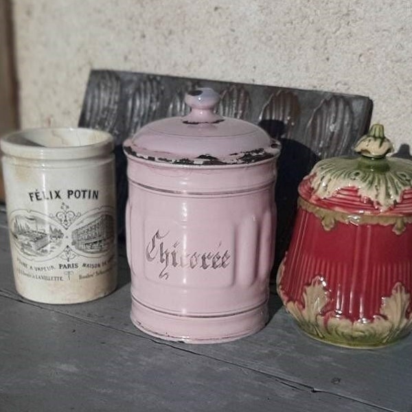 Vintage Pink Enamel Storage Jar French Metal Kitchen Enameled Spice Box - 1930s Shabby Chic