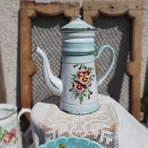 Small coffee pot in green/blue enameled canvas with pansy flower decor - Vintage French kitchen enamel coffee pot - 1930s Shabby Chic