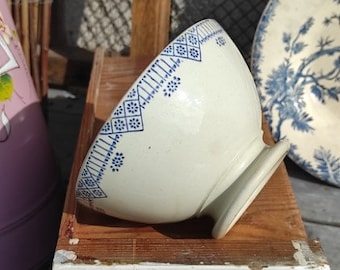 bol à café au lait Français porcelaine de Gien décor frise bleue - antique bol en céramique -  bol piédouche vers 1930