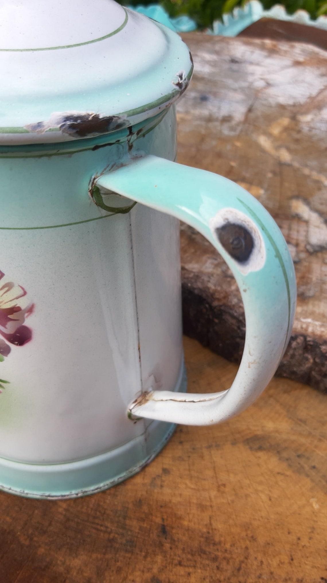 Turquoise Blue Enamel Coffee Pot Decor With Roses and Pansies Etsy