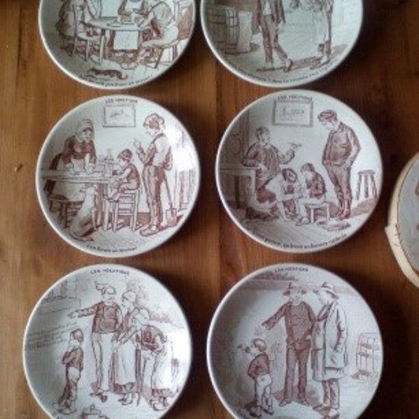 6 old earthenware plates from Sarreguemines vintage french 1950/60s vocations