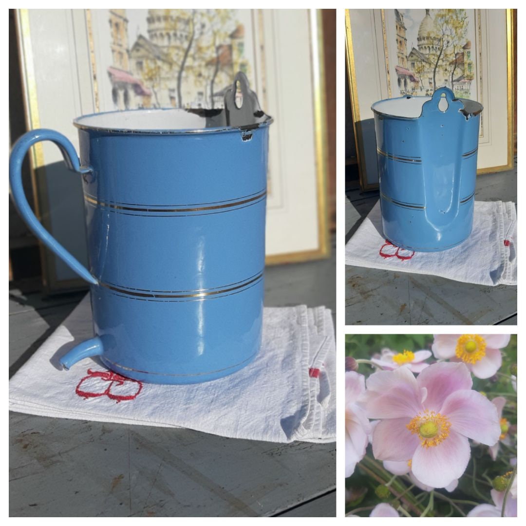 Pot Mural Émaillé Bleu , Ancien Pot à Lavement en Émail- Broc Vase Jardinière Vintage Métal Pot - An