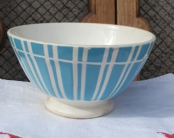 French latte bowl decor blue turquoise stripes stenciled vintage ceramic bowl porcelain Digoin 1950s