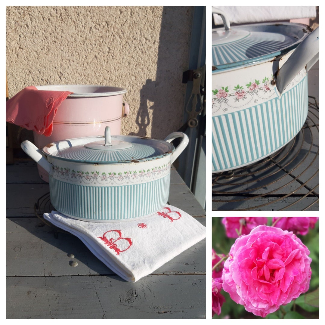 Grande Casserole Faitout Cocotte Antique Émaillé Blanc avec Guirlande de Roses Marmite Enamelware An