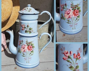 blue enamel coffee pot decor with roses vintage French metal kitchen JAPY coffee maker 1900s