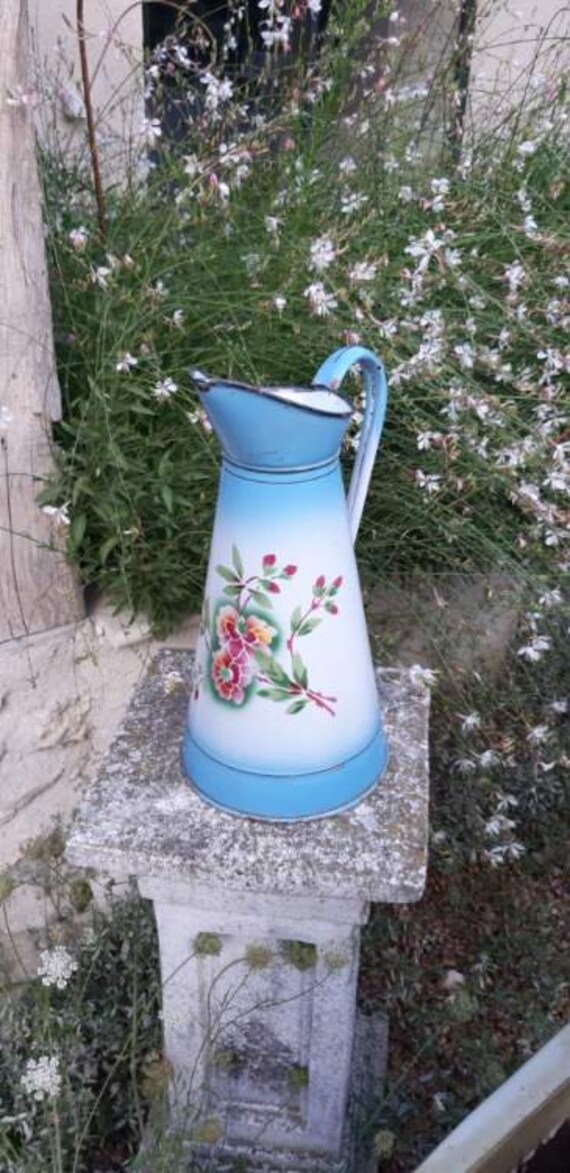 Magnifique Email Pichet Fleur Rose et Bleu Vintage Métal Français Pot - Années 1930 Shabby Chic Made