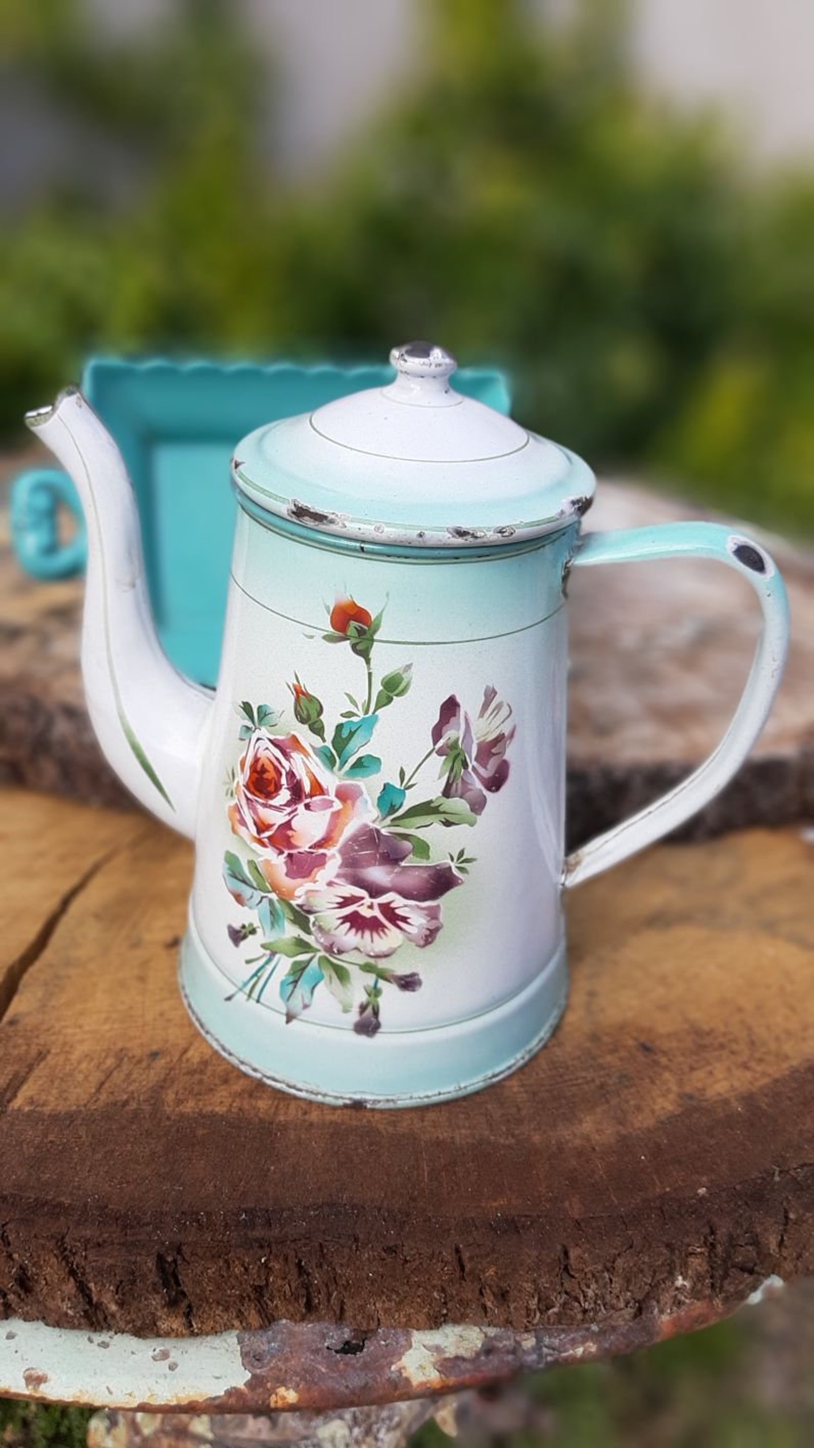 Turquoise blue enamel coffee pot decor with roses and pansies Etsy