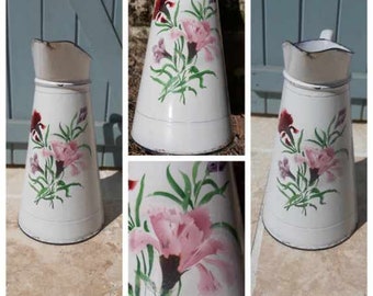 Antique enamel water pitcher vintage rose flowers French metal jug 1930s enamel water pitcher