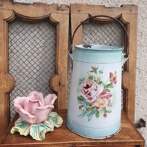 Enamelled sheet milk pot decorated with roses and pansies - vintage French metal kitchen pot - antique JAPY pot circa 1920