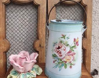 Enamelled sheet milk pot decorated with roses and pansies - vintage French metal kitchen pot - antique JAPY pot circa 1920