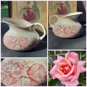 Sarreguemines water pitcher Rosette pink iron earth -water jug bathroom decor/ironstone pitcher Sarreguemines pink transferware