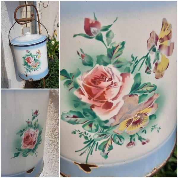 Emaille-Nachttopf, rosa Blumen und blaue Stiefmütterchen, Vintage-Topf aus französischem Metall – Shabby Chic der 1930er Jahre, hergestellt in Frankreich