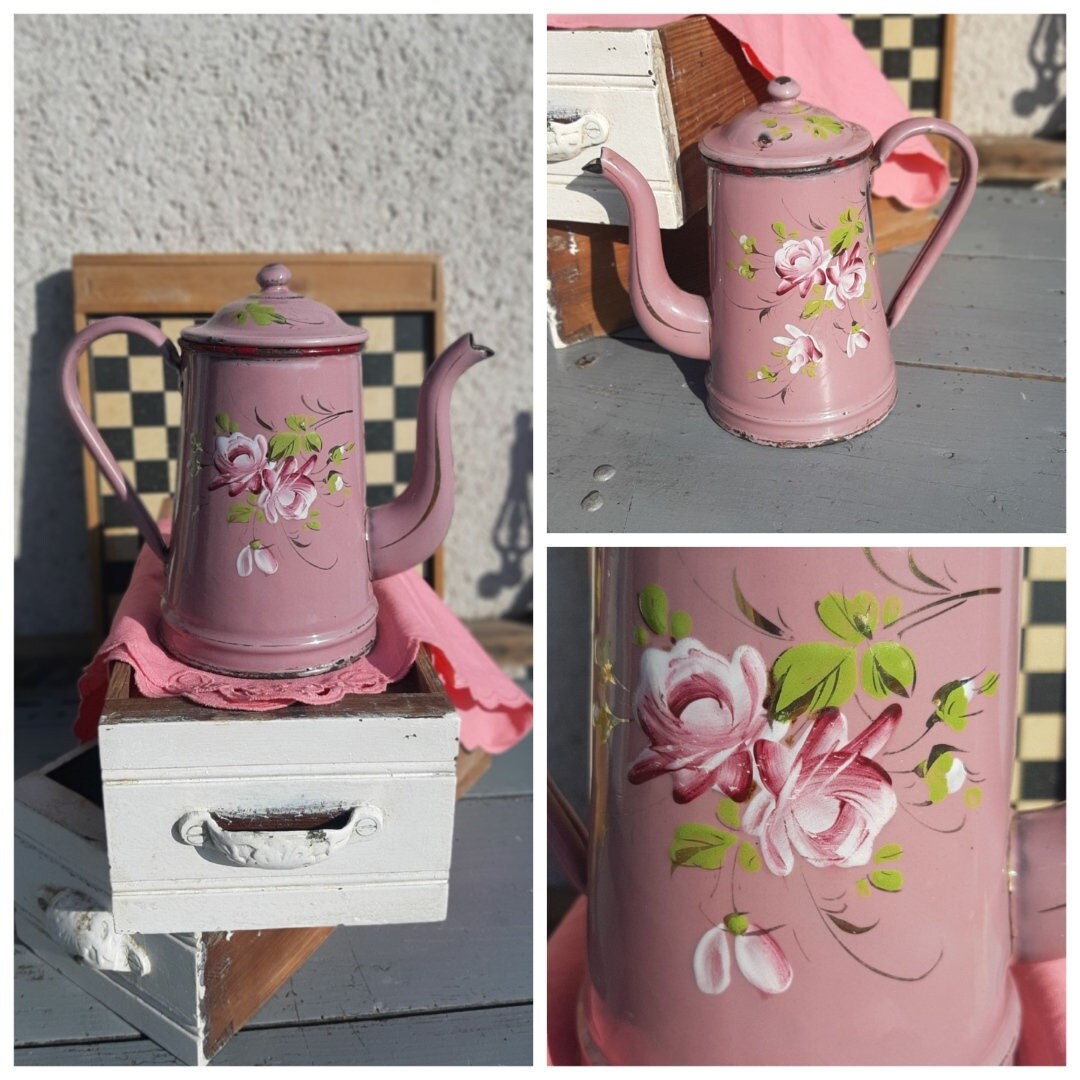 Pot à Café en Tole Émaillée Rose Décor de Roses Vintage Cuisine Métal Émaillé Français Cafetière Ant