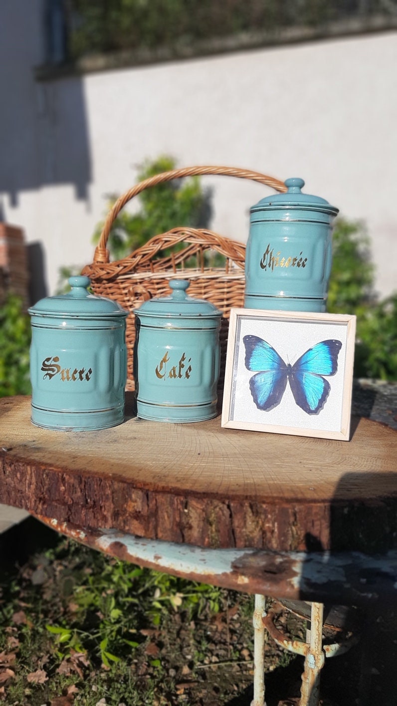 Antique Pots de Rangement en Émail Bleu Turquoise Vintage Cuisine Métal Français Boite à Épices Émai