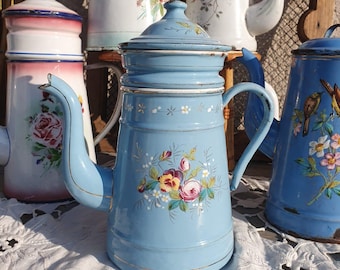 青い花柄のホーローコーヒーポット - アンティークホーローコーヒー