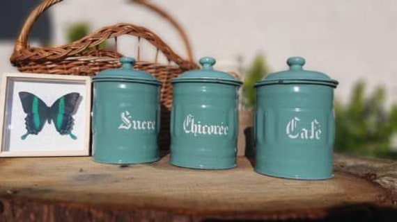 Antique Pots de Rangement en Émail Bleu Turquoise Vintage Cuisine Métal Français Boite à Épices Émai