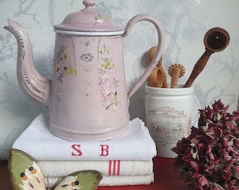 Pink and gold enameled metal coffee pot with embossed floral decoration -French metal kitchenware -antique coffee pot circa 1920 -percolator