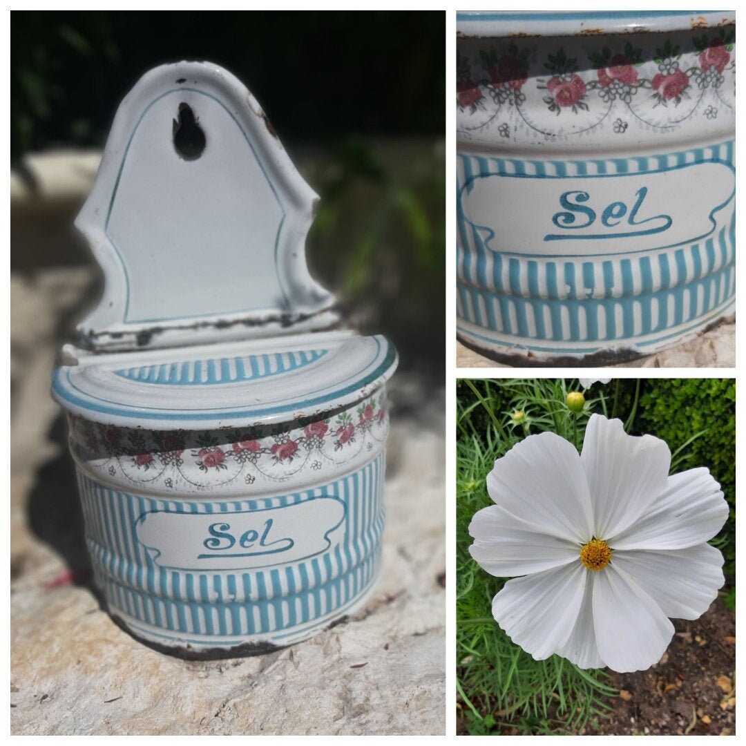 Boite à Sel Antique Émaillé Bb Autriche Blanc avec Guirlande de Roses Pot Métal Français Enamelware 