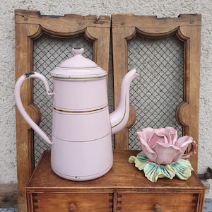 Pink and gold enameled sheet metal coffee pot - vintage French metal kitchen - antique coffee maker from the 1920s - enameled percolator
